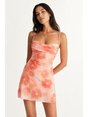 See You Monday Floral Mesh Cowl Neck Mini Dress Pink Orange Size M
